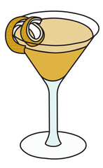 Stylish hand-drawn doodle cartoon style yellow Sidecar cocktail in Martini glass garnished with an orange twist. Vector illustration good for party card, posters, bar menu alcohol cook book recipe.