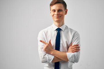 man in shirt with tie we start work office posing