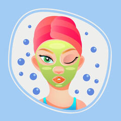Banner of a beauty salon. A girl in a green spa mask. A girl without makeup. Appearance care. Vector illustration