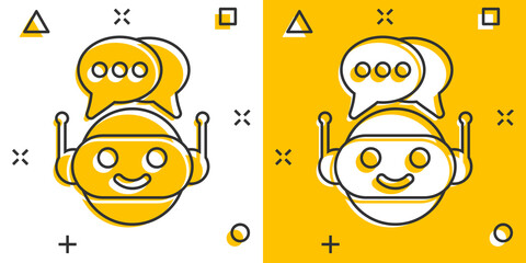 Cute robot chatbot icon in comic style. Bot operator vector cartoon illustration pictogram. Smart chatbot character business concept splash effect.