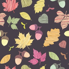 Seamless pattern, multicolored autumn leaves and acorns on a dark background, pencil, applique, texture.
