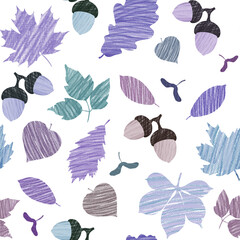 Seamless pattern, purple and blue autumn leaves and acorns on a white background, pencil, applique, texture.
