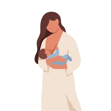 Mother breastfeeding newborn baby with her milk. Mom holding child in arms, who suckling breast. Breastfeed of infant. Woman and new born kid. Flat vector illustration isolated on white background
