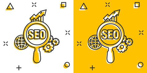 Seo analytics icon in comic style. Social media vector cartoon illustration on white isolated background. Search analysis business concept splash effect..