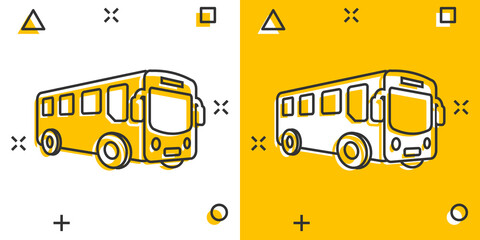 School bus icon in comic style. Autobus vector cartoon illustration on white isolated background. Coach transport business concept splash effect. © Lysenko.A
