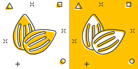 Fototapeta na wymiar Almond icon in comic style. Bean vector cartoon illustration on white isolated background. Nut business concept splash effect.