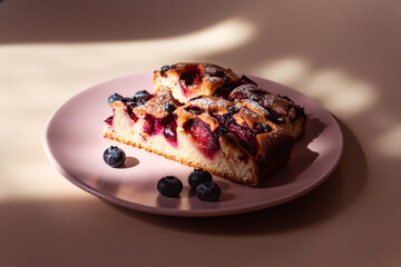 Open fruit pie with plums, blueberries and black currants in a beam of light and with contrasting shadows