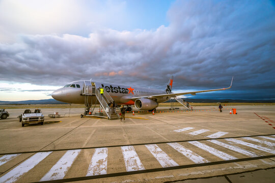 Launceston airport, Australia - Mar 22, 2017: Flying out before the storm on Jetstar airlines