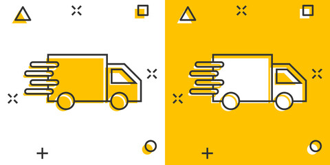 Delivery truck sign icon in comic style. Van vector cartoon illustration on white isolated background. Cargo car business concept splash effect.