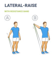 Man Doing Lateral Arm Raise Home Workout Exercise with Thin Resistance Band or Loop Guidance.