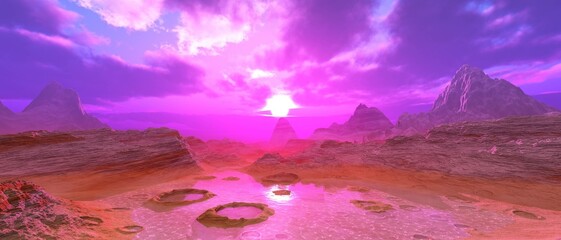 Panorama of an alien landscape, sunset on an alien planet, Titanium at sunrise, the surface of Titan at sunset, methane sea on an alien planet, 3D rendering - obrazy, fototapety, plakaty