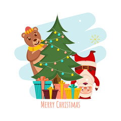 Merry Christmas Concept With Decorative Xmas Tree, Cartoon Bear, Santa Claus And Gift Boxes On White Background.