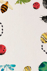 Insects watercolor border design on beige background