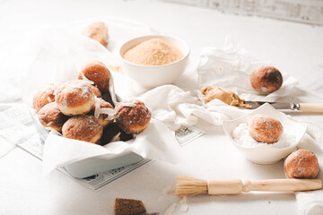 Mini donuts with powder sugar and coconut - obrazy, fototapety, plakaty