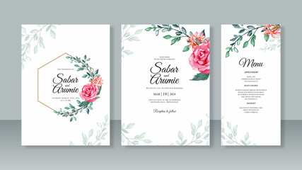 Wedding card invitation template with red rose watercolor painting