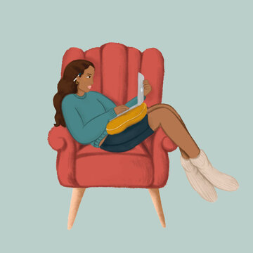 Girl Using A Laptop On A Red Couch Sketch Style Vector