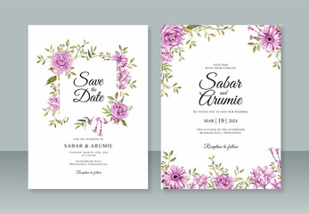 Beautiful wedding invitation template with purple flower watercolor painting