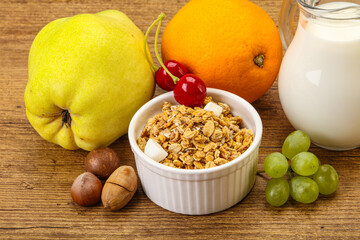 Breakfast with granola and milk