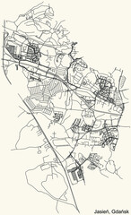 Black simple detailed street roads map on vintage beige background of the quarter Jasień district of  Gdansk, Poland