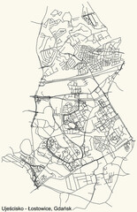 Black simple detailed street roads map on vintage beige background of the quarter Ujeścisko-Łostowice district of  Gdansk, Poland