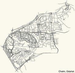 Black simple detailed street roads map on vintage beige background of the quarter Chełm district of  Gdansk, Poland