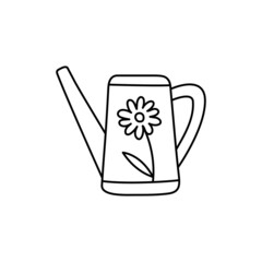 Watering can with flower sketch. Doodle black line vector illustration. Editable path