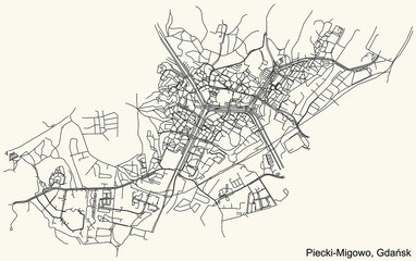 Black simple detailed street roads map on vintage beige background of the quarter Piecki-Migowo district of  Gdansk, Poland