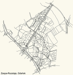 Black simple detailed street roads map on vintage beige background of the quarter Zaspa-Rozstaje district of  Gdansk, Poland