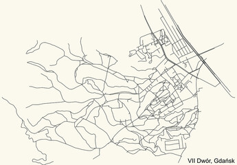 Naklejka premium Black simple detailed street roads map on vintage beige background of the quarter VII Dwór district of Gdansk, Poland