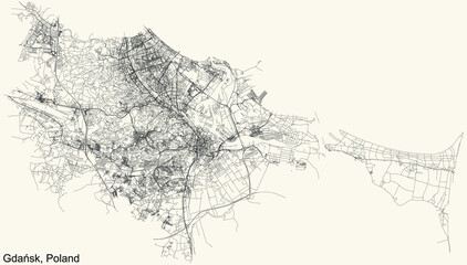 Black simple detailed street roads map on vintage beige background of Gdansk, Poland