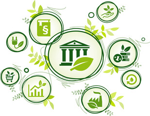 Green new deal vector illustration. Concept on sustainable carbon neutral policy changes, investment in renewable energy / environmentally friendly technology & eco industry / legal limit to emission.