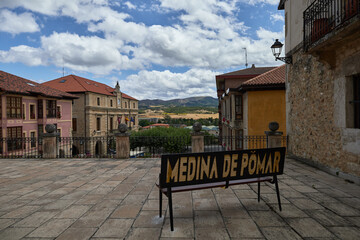 Fototapeta na wymiar viewpoint of the town hall square of Medina de Pomar. Castilla y Leon, Burgos, Spain