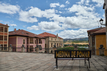 viewpoint of the town hall square of Medina de Pomar. Castilla y Leon, Burgos, Spain