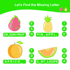 Find the missing letter of the tropical fruits game for Preschool. Educational spelling printable game worksheet. Early education materials. Vector illustration.