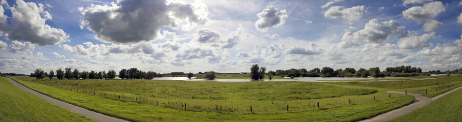 Floodplains of the river IJssel Overijssel Netherlands. Panorama. Dikes. Dutch Landscape with river.