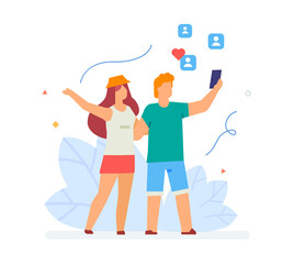 Young couple travel blog, photo, post, comments, video leisure tourism, flights, social networks. Smartphones tablets user interface social media.Flat illustration Icons infographics. Landing page