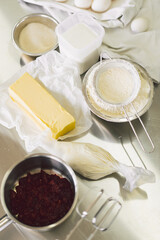 Dough preparation recipe bread, pizza or pie making ingridients. Cooking cake. Rural or rustic style