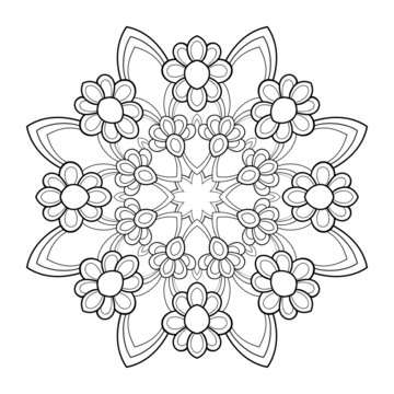 Decorative mandala with simple flowers and striped patterns on a white isolated background. For coloring book.