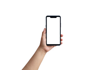 The hand is holding the white screen, the mobile phone is isolated on a white background with the clipping path.