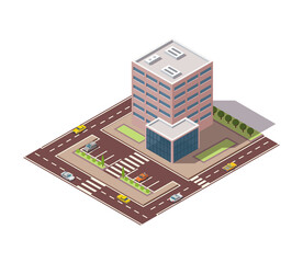 Obraz premium Offices isometric. Town apartment building with street and cars for city map creation. Infographic element. City house composition with roads
