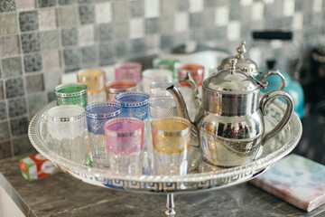 Moroccan tea glasses cups teapot party guest event 