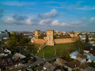 Naklejka premium Morning flight over Lubart's castle and the church of the apostles Peter and Paul. Lutsk.