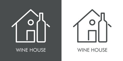 Logotipo con texto Wine House con silueta de botella de vino en casa con lineas en fondo gris y fondo blanco © teracreonte