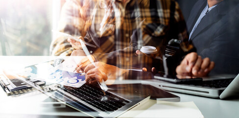 Digital marketing media in virtual screen.businesswoman hand working with mobile phone and modern compute with VR icon diagram at office in morning light