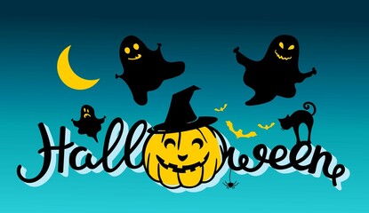 Halloween. A poster for the celebration of Halloween with ghosts, pumpkins, a black cat and bats on a dark green background. For use in web design, postcards, posters, printing. Vector illustration.