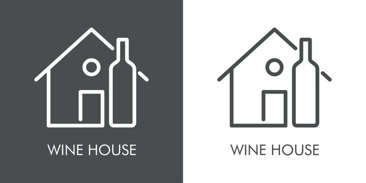 Logotipo con texto Wine House con silueta de botella de vino en casa con lineas en fondo gris y fondo blanco
