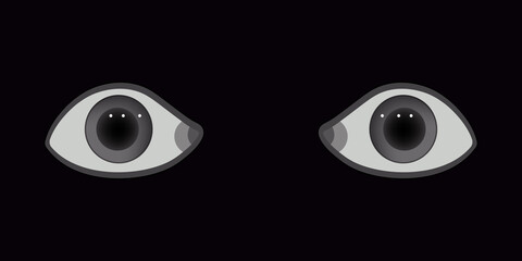 Frightened human eyes in the dark. Illustration for Halloween, horror movie posters, book cover. Two big eyes in the darkness, frightened horror, vector. Announcement, banner, placard, show bil.