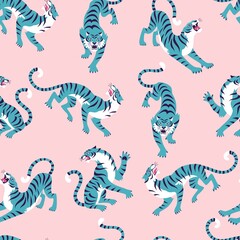 Asian Tigers modern pattern. Vector seamless pattern with a cartoon blue roaring tigers on pink background