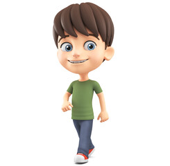 Cheerful cartoon character boy in a green T-shirt is walking on a white background. 3d render illustration.