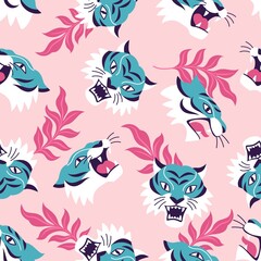 Fototapeta na wymiar Blue Tigers pattern. Vector seamless pattern with a cartoon roaring tiger faces and leaves on a pink background 